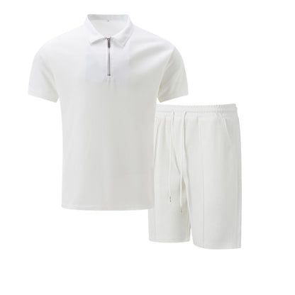 Men's Quarter Zip Polo & Shorts Set - Textured 2-Piece Casual Tracksuit - Bellkmart