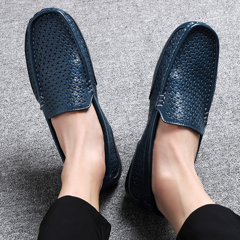 Hollow breathable slip-on driving leather shoes - Bellkmart