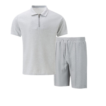 Men's Quarter Zip Polo & Shorts Set - Textured 2-Piece Casual Tracksuit - Bellkmart