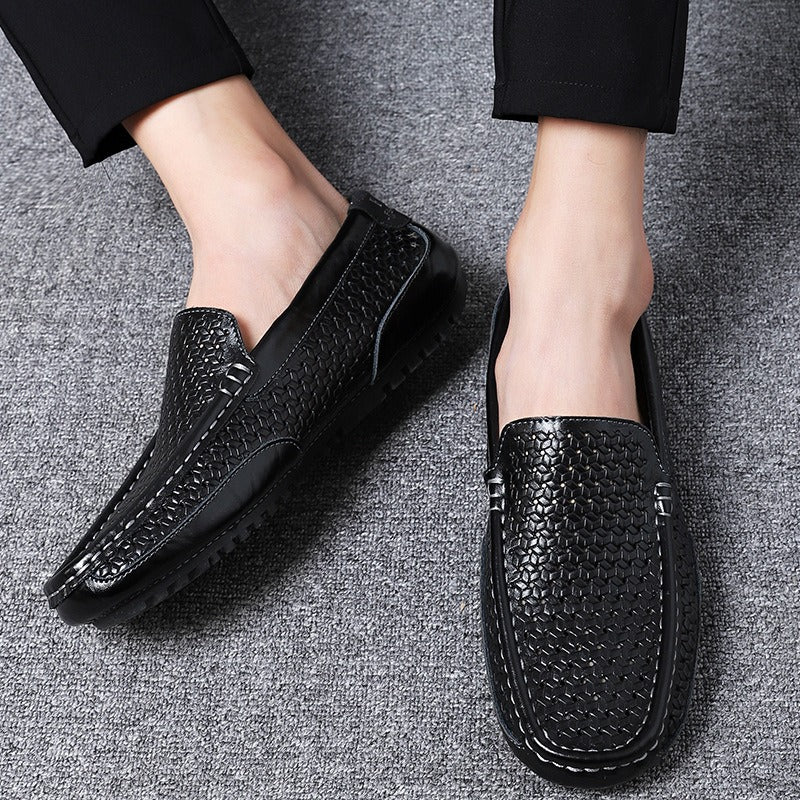 Hollow breathable slip-on driving leather shoes - Bellkmart