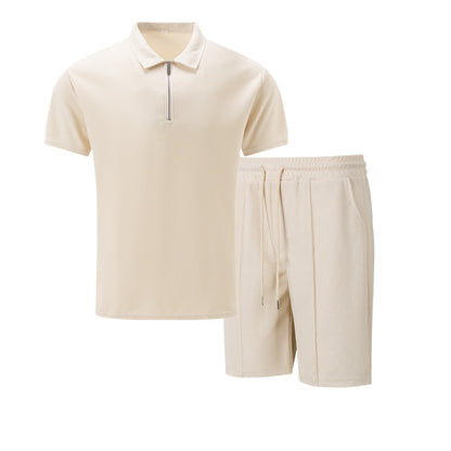 Men's Quarter Zip Polo & Shorts Set - Textured 2-Piece Casual Tracksuit - Bellkmart