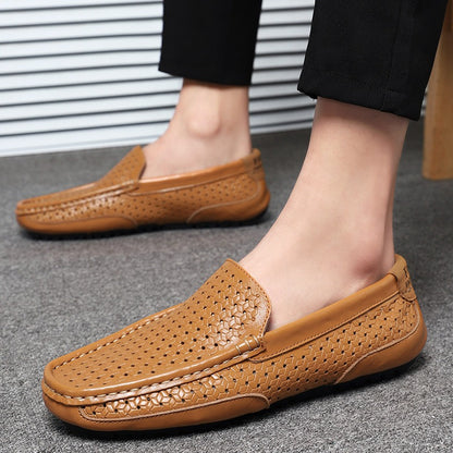 Hollow breathable slip-on driving leather shoes - Bellkmart