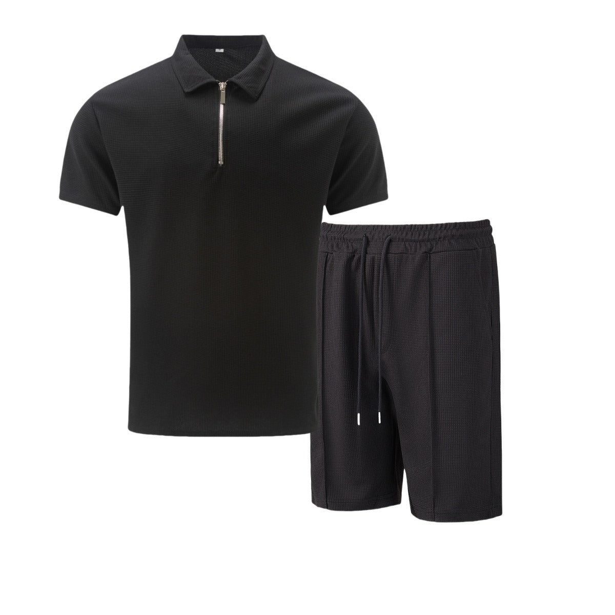 Men's Quarter Zip Polo & Shorts Set - Textured 2-Piece Casual Tracksuit - Bellkmart