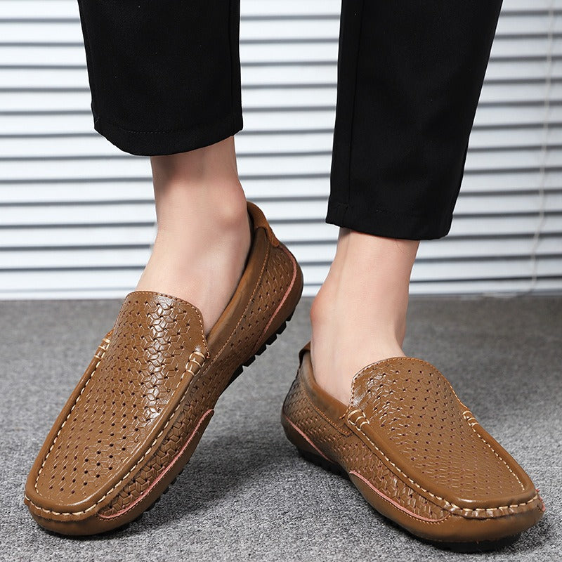 Hollow breathable slip-on driving leather shoes - Bellkmart