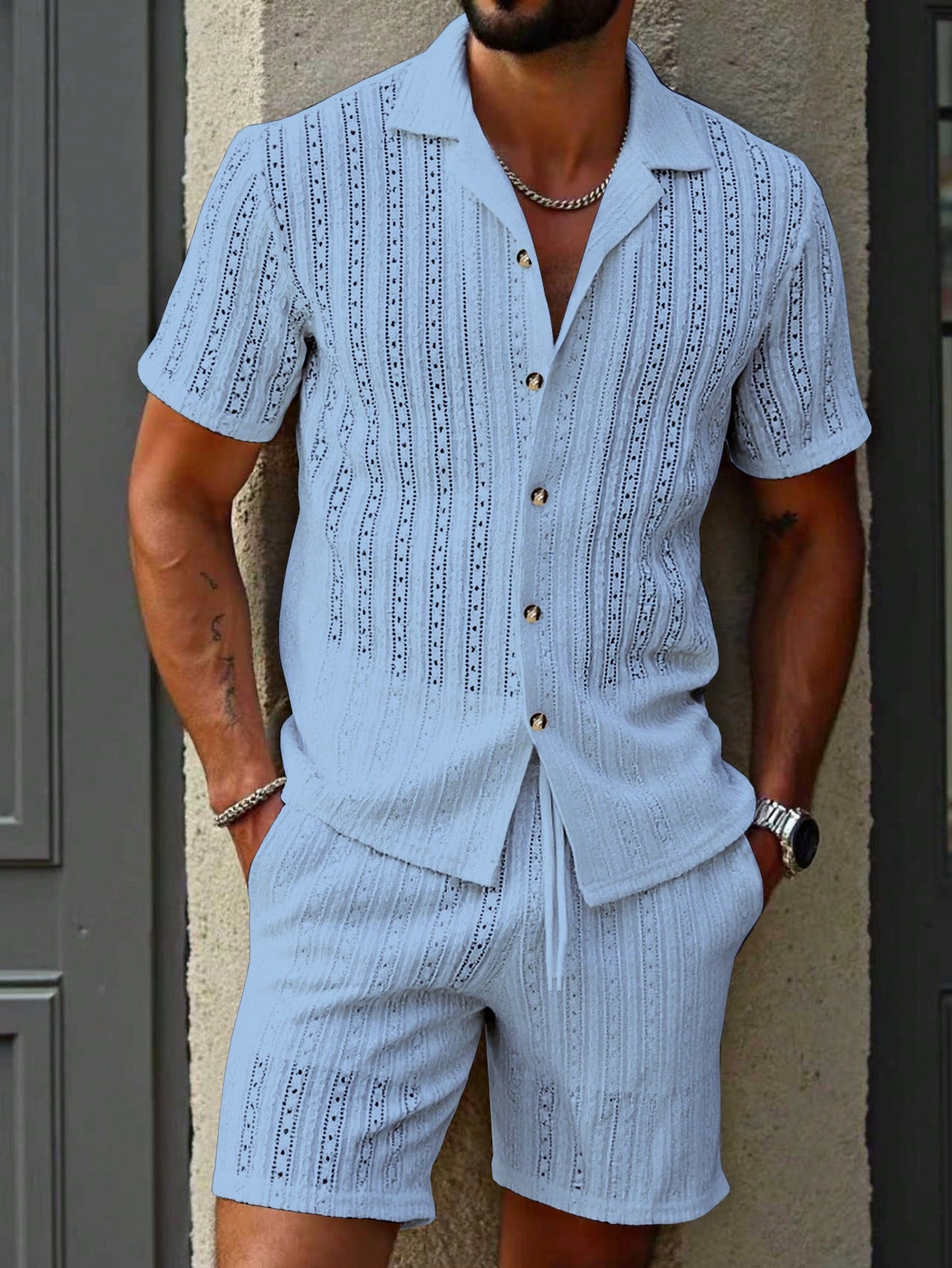 Hollow-out breathable short-sleeved two-piece set - Bellkmart