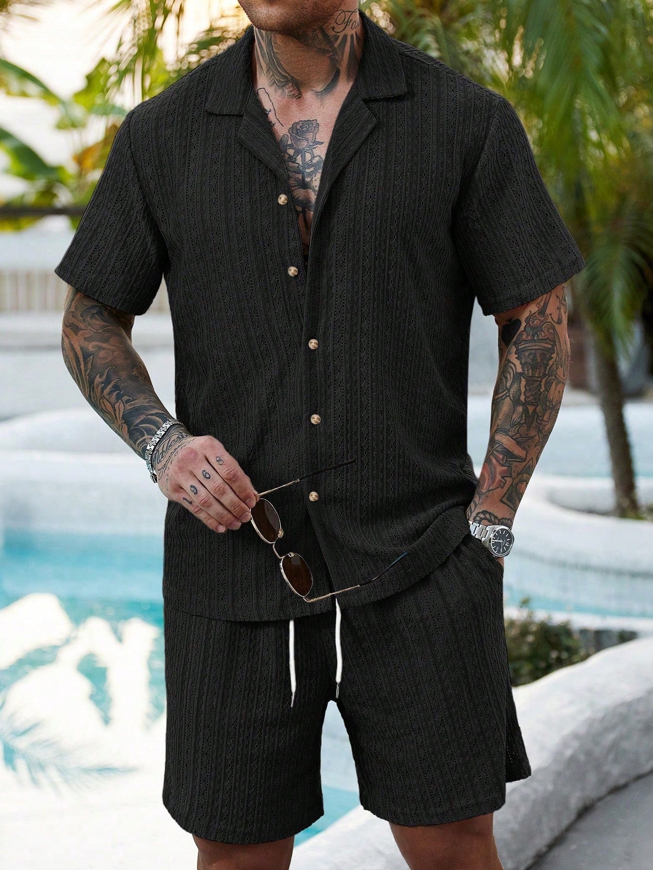 Hollow-out breathable short-sleeved two-piece set - Bellkmart