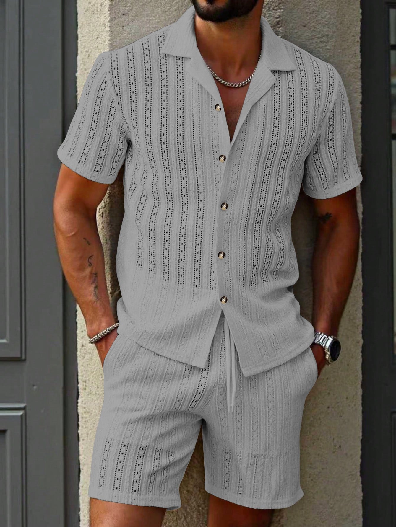 Hollow-out breathable short-sleeved two-piece set - Bellkmart