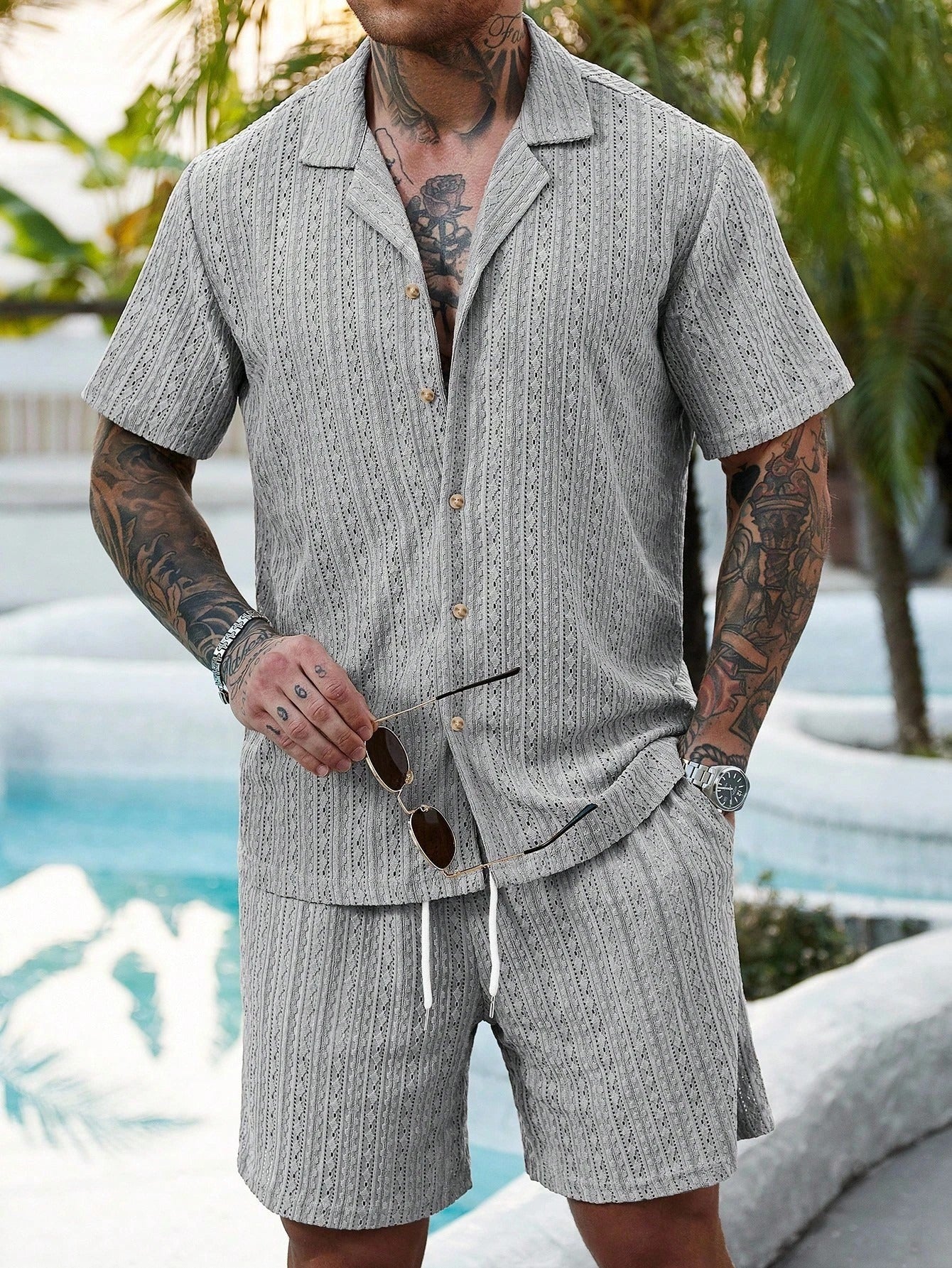 Hollow-out breathable short-sleeved two-piece set - Bellkmart