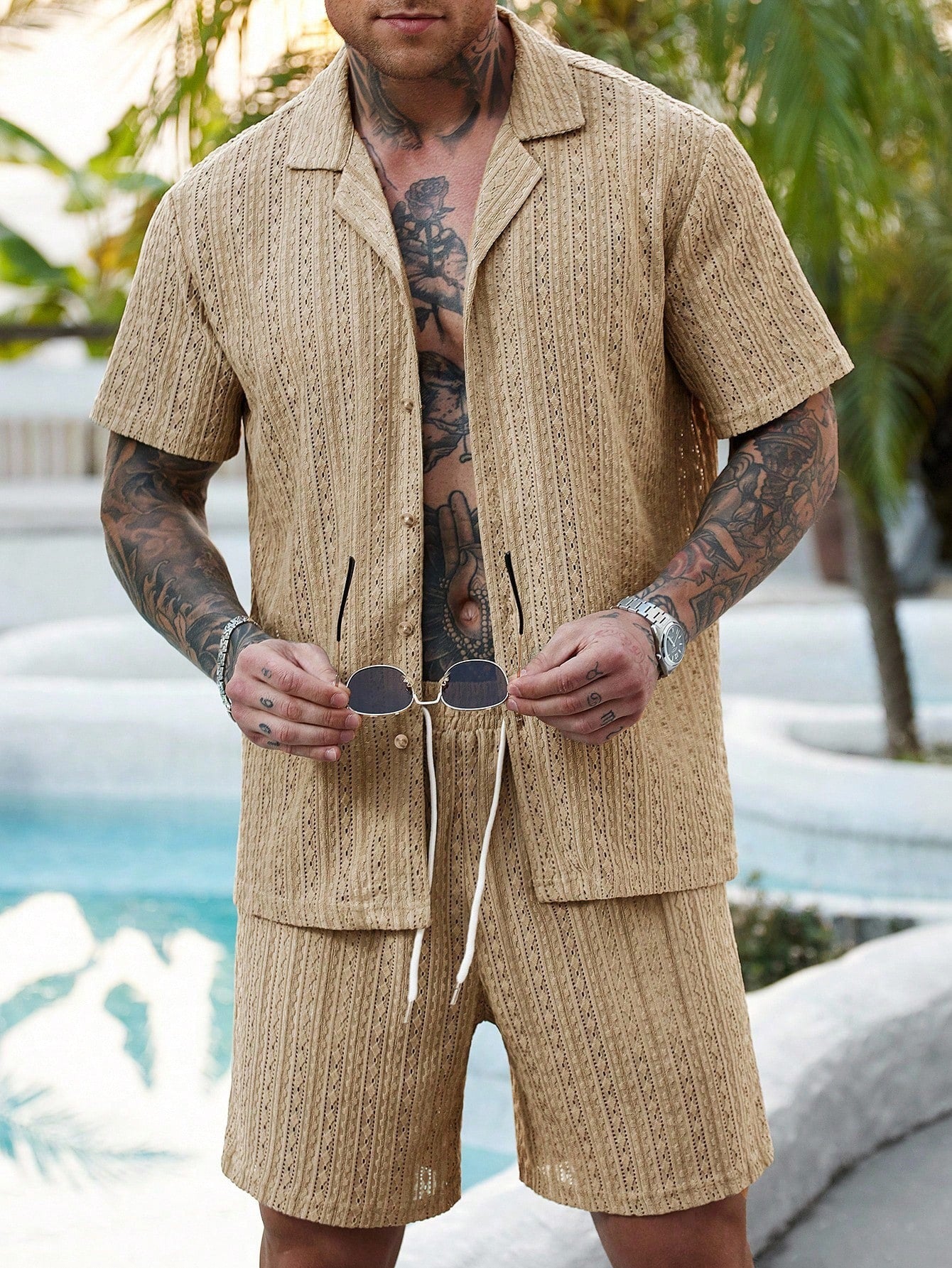 Hollow-out breathable short-sleeved two-piece set - Bellkmart