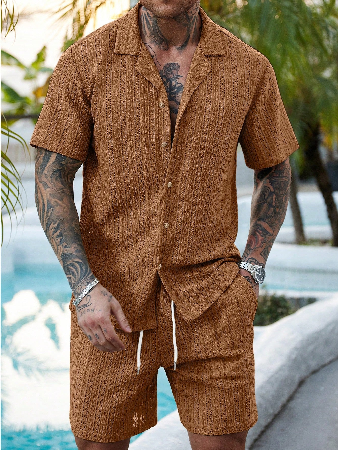 Hollow-out breathable short-sleeved two-piece set - Bellkmart