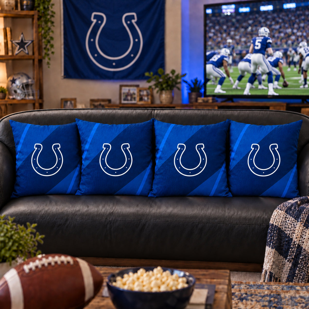 Matching Indianapolis Colts sofa cushion covers shown in a living-room styling example