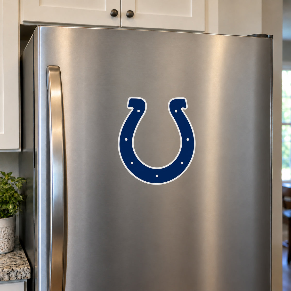 Indianapolis Colts decorative sticker displayed on a stainless-steel refrigerator