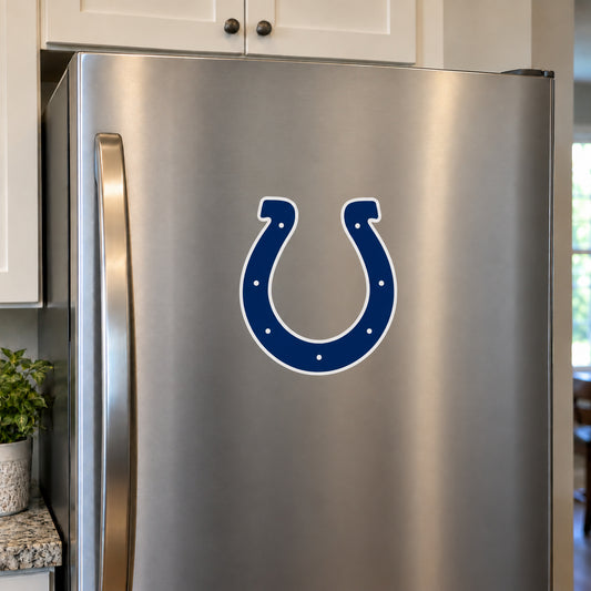 Indianapolis Colts decorative sticker displayed on a stainless-steel refrigerator