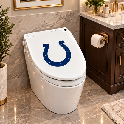 Indianapolis Colts decorative sticker on a closed white toilet lid in a marble bathroom