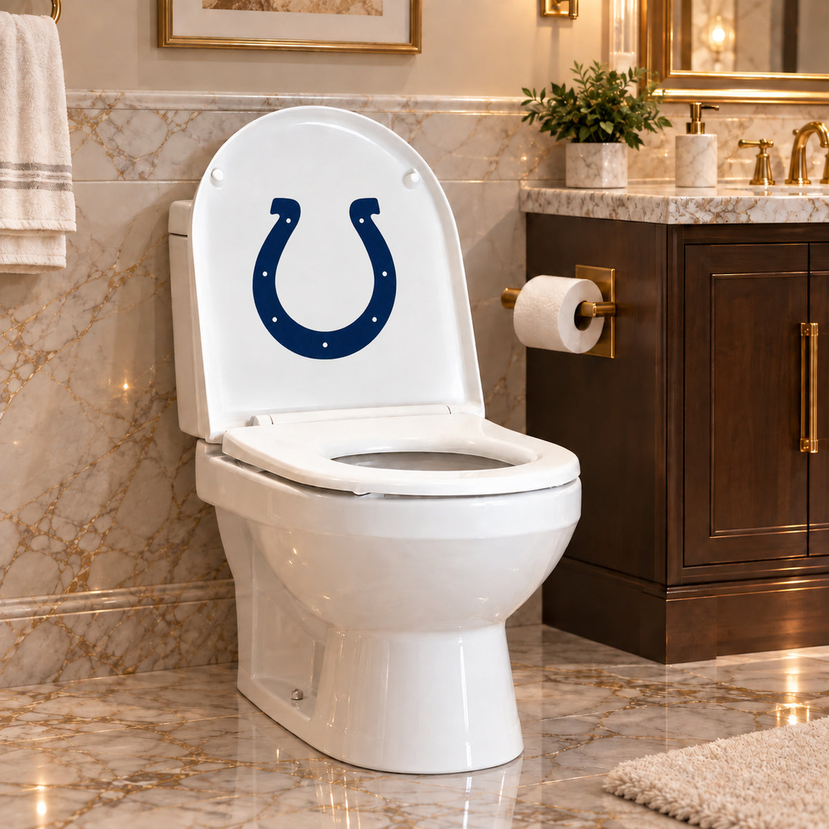 Indianapolis Colts decorative sticker on the inside of a white toilet lid in a marble bathroom