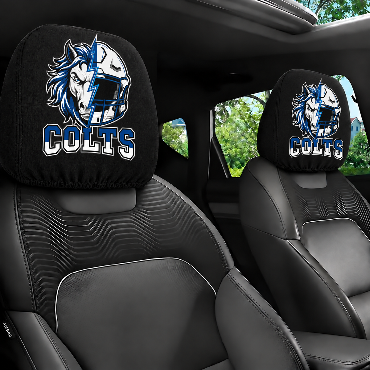 Indianapolis Colts car headrest cover, Style 2 illustrated mascot design, installed in car