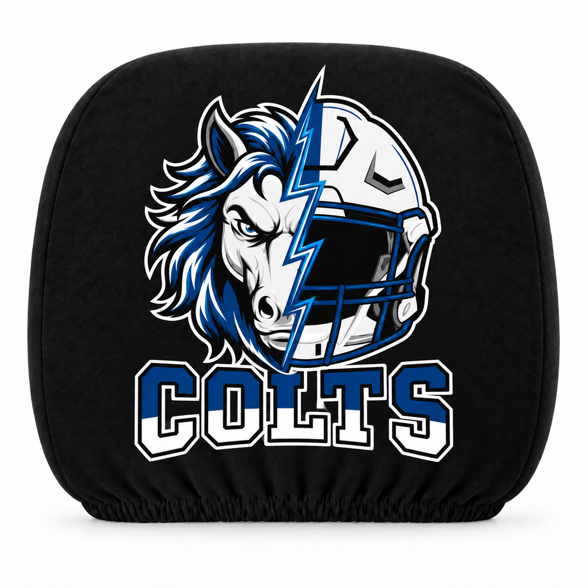 Indianapolis Colts car headrest cover, Style 2 illustrated mascot design, white background