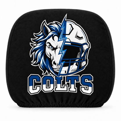 Indianapolis Colts car headrest cover, Style 2 illustrated mascot design, white background