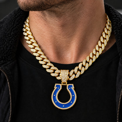Indianapolis Colts gold-tone rhinestone Cuban-link necklace, worn view