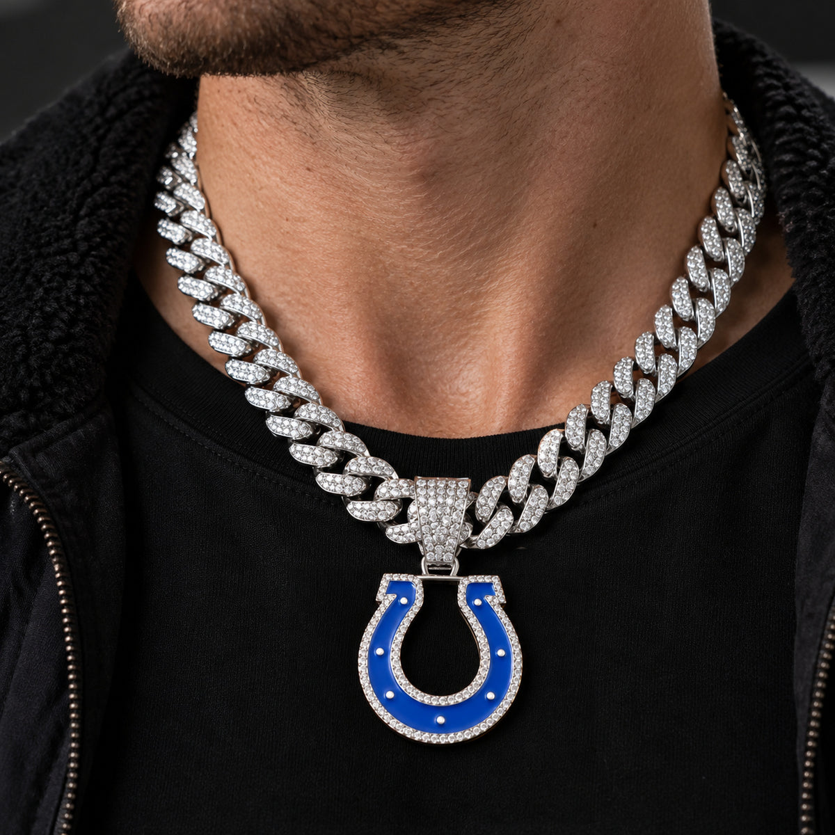 Indianapolis Colts silver-tone rhinestone Cuban-link necklace, worn view