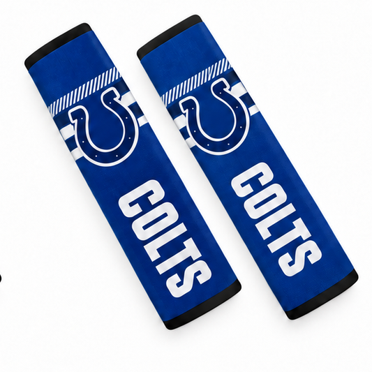 Pair of Indianapolis Colts seat belt and backpack shoulder strap covers on a white background