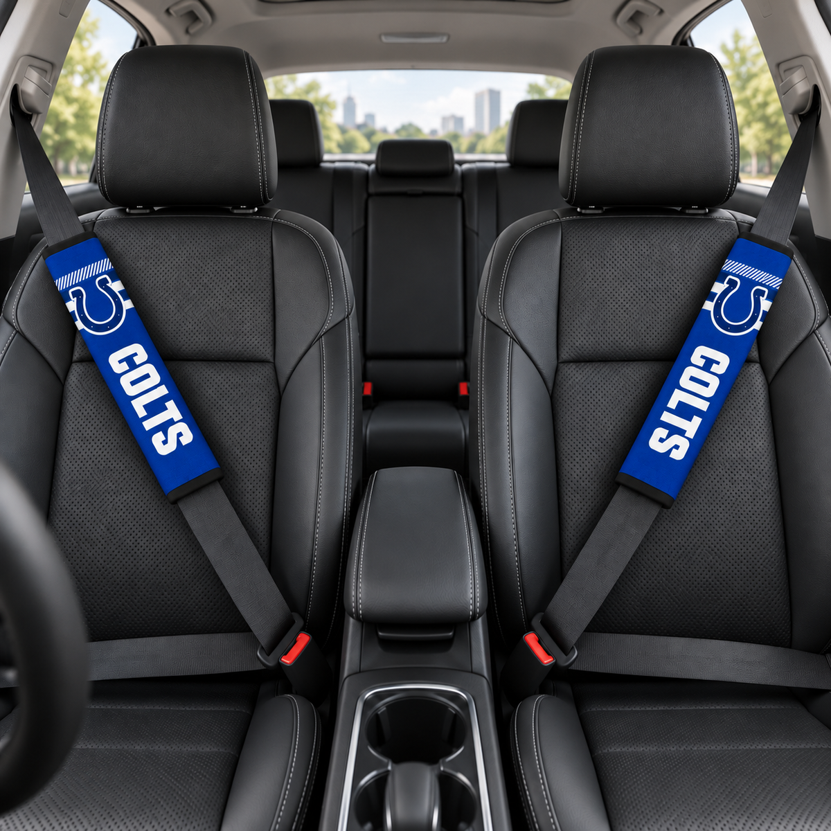 Indianapolis Colts car seat belt covers shown on two front seat belts