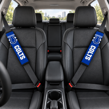 Indianapolis Colts car seat belt covers shown on two front seat belts