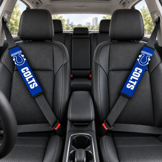 Indianapolis Colts car seat belt covers shown on two front seat belts