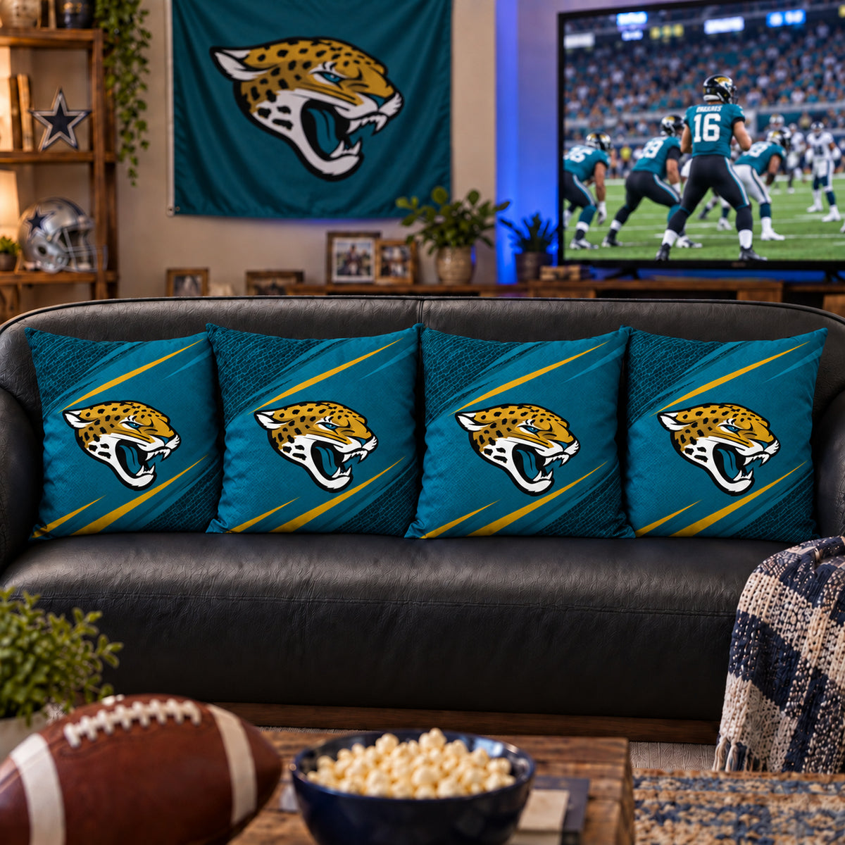 Matching Jacksonville Jaguars sofa cushion covers shown in a living-room styling example