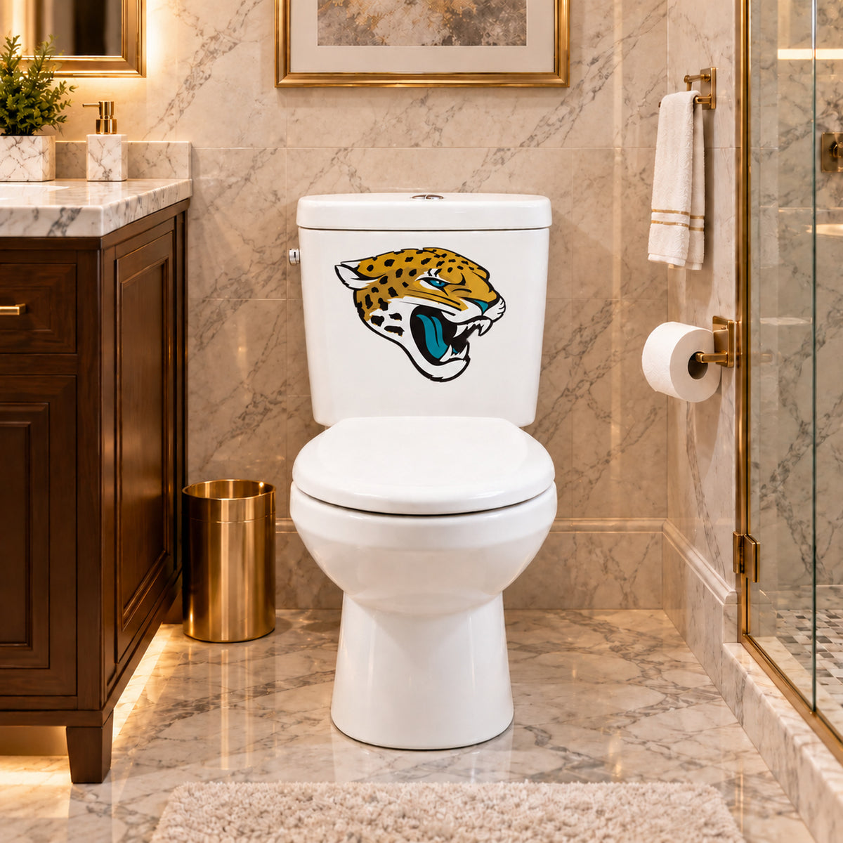 Jacksonville Jaguars decorative sticker on a white toilet tank in a marble bathroom