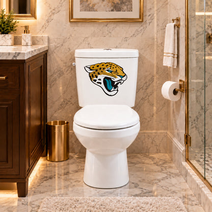 Jacksonville Jaguars decorative sticker on a white toilet tank in a marble bathroom