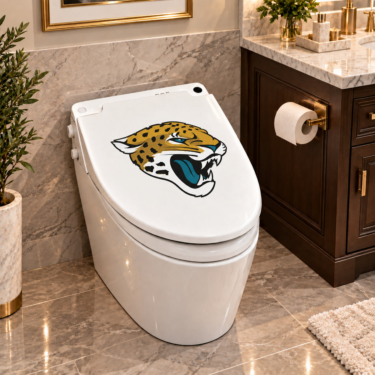 Jacksonville Jaguars decorative sticker on a closed white toilet lid in a marble bathroom