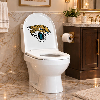 Jacksonville Jaguars decorative sticker on the inside of a white toilet lid in a marble bathroom