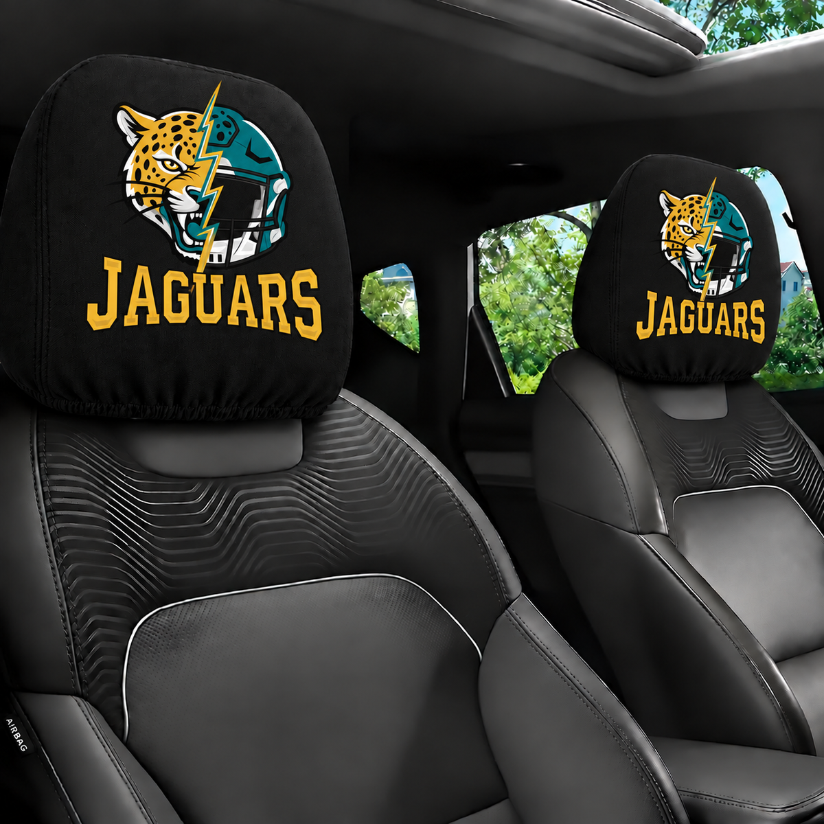 Jacksonville Jaguars car headrest cover, Style 2 illustrated mascot design, installed in car
