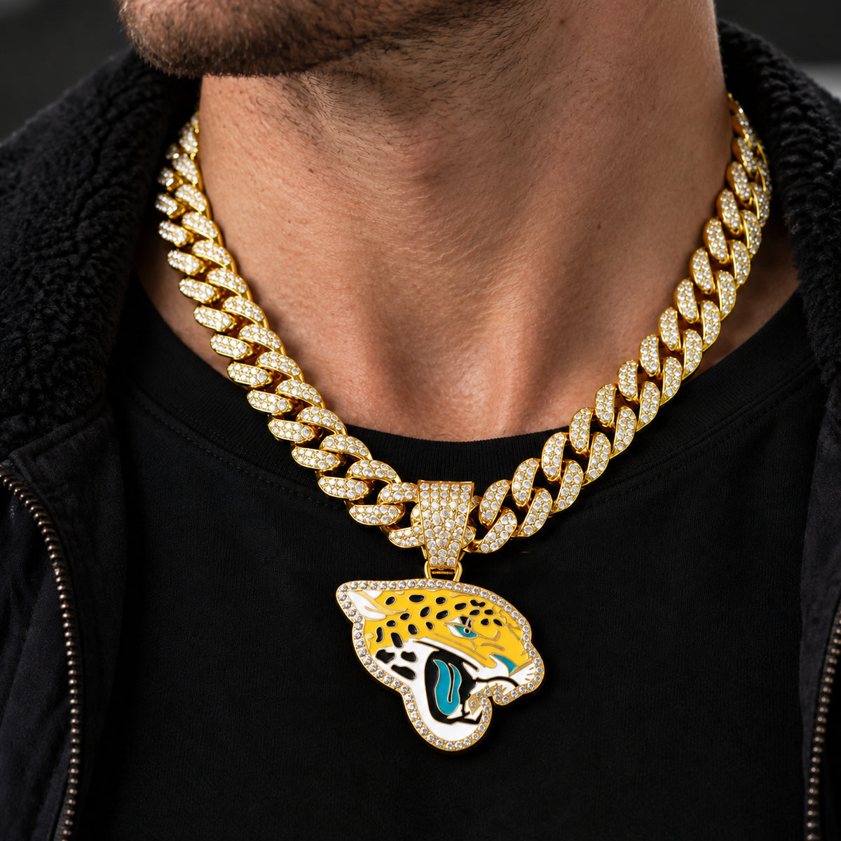 Jacksonville Jaguars gold-tone rhinestone Cuban-link necklace, worn view