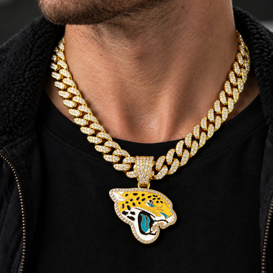 Jacksonville Jaguars gold-tone rhinestone Cuban-link necklace, worn view