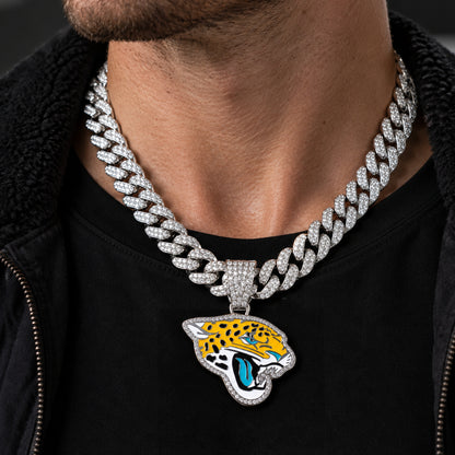 Jacksonville Jaguars silver-tone rhinestone Cuban-link necklace, worn view
