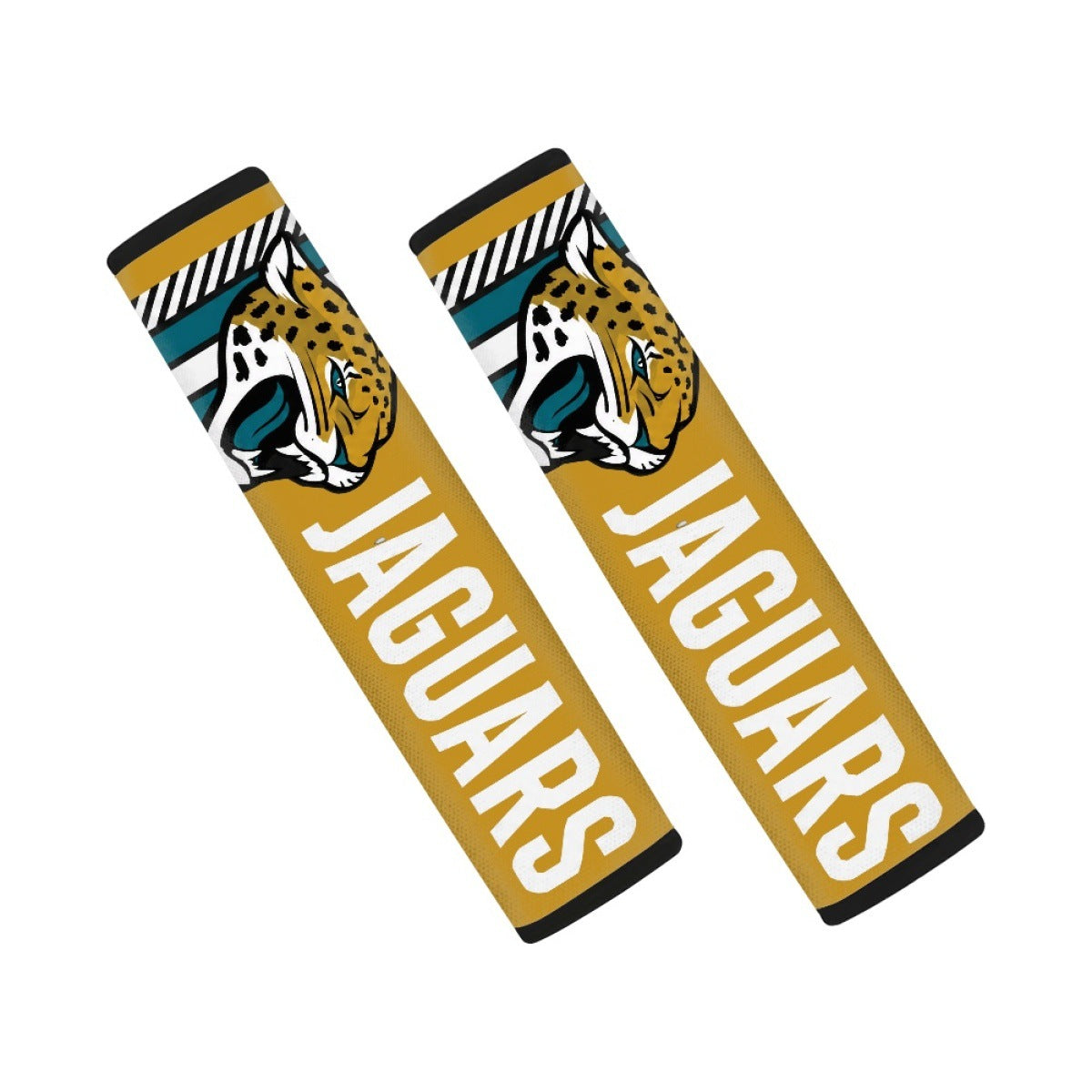 Pair of Jacksonville Jaguars seat belt and backpack shoulder strap covers on a white background