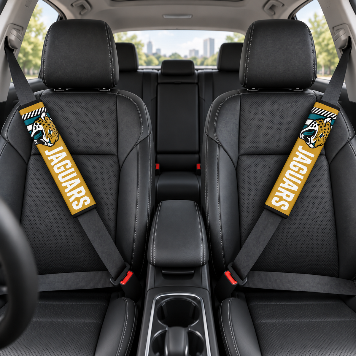 Jacksonville Jaguars car seat belt covers shown on two front seat belts