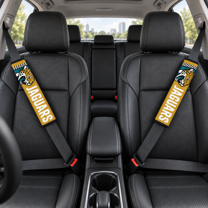 Jacksonville Jaguars car seat belt covers shown on two front seat belts