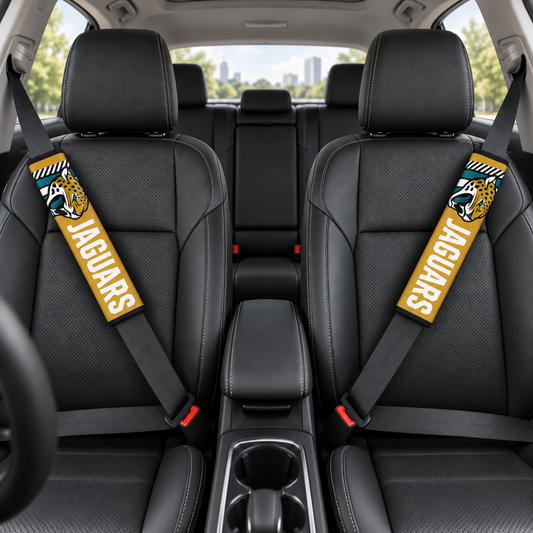 Jacksonville Jaguars car seat belt covers shown on two front seat belts