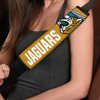 Close-up of Jacksonville Jaguars shoulder strap cover worn on a car seat belt