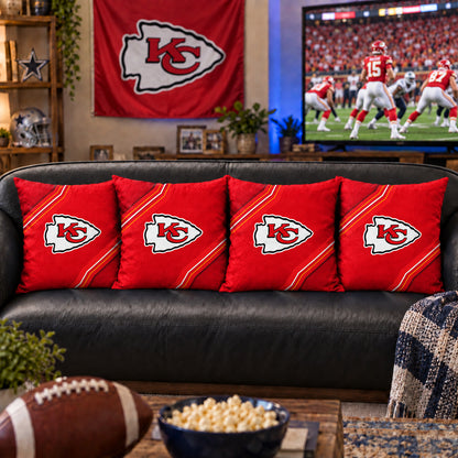 Matching Kansas City Chiefs sofa cushion covers shown in a living-room styling example