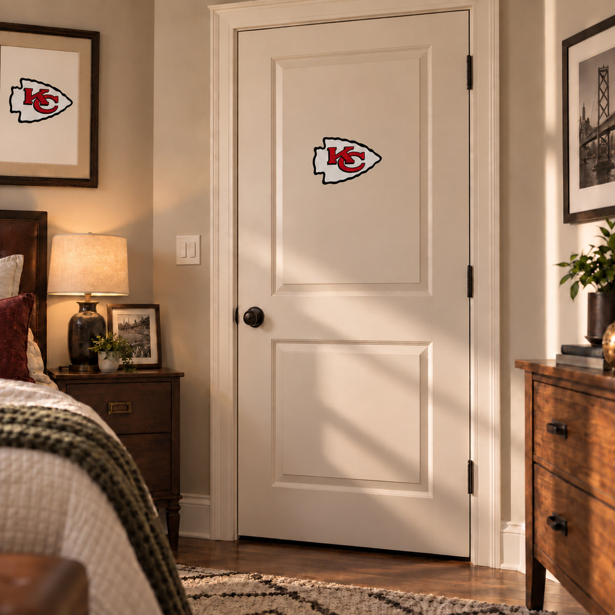 Kansas City Chiefs decorative sticker on an interior door, corrected 29 cm proportion