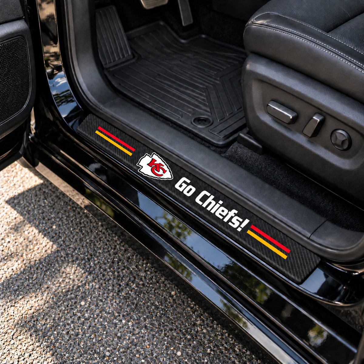 Kansas City Chiefs carbon fiber texture car door sill protector strips installed on a black car