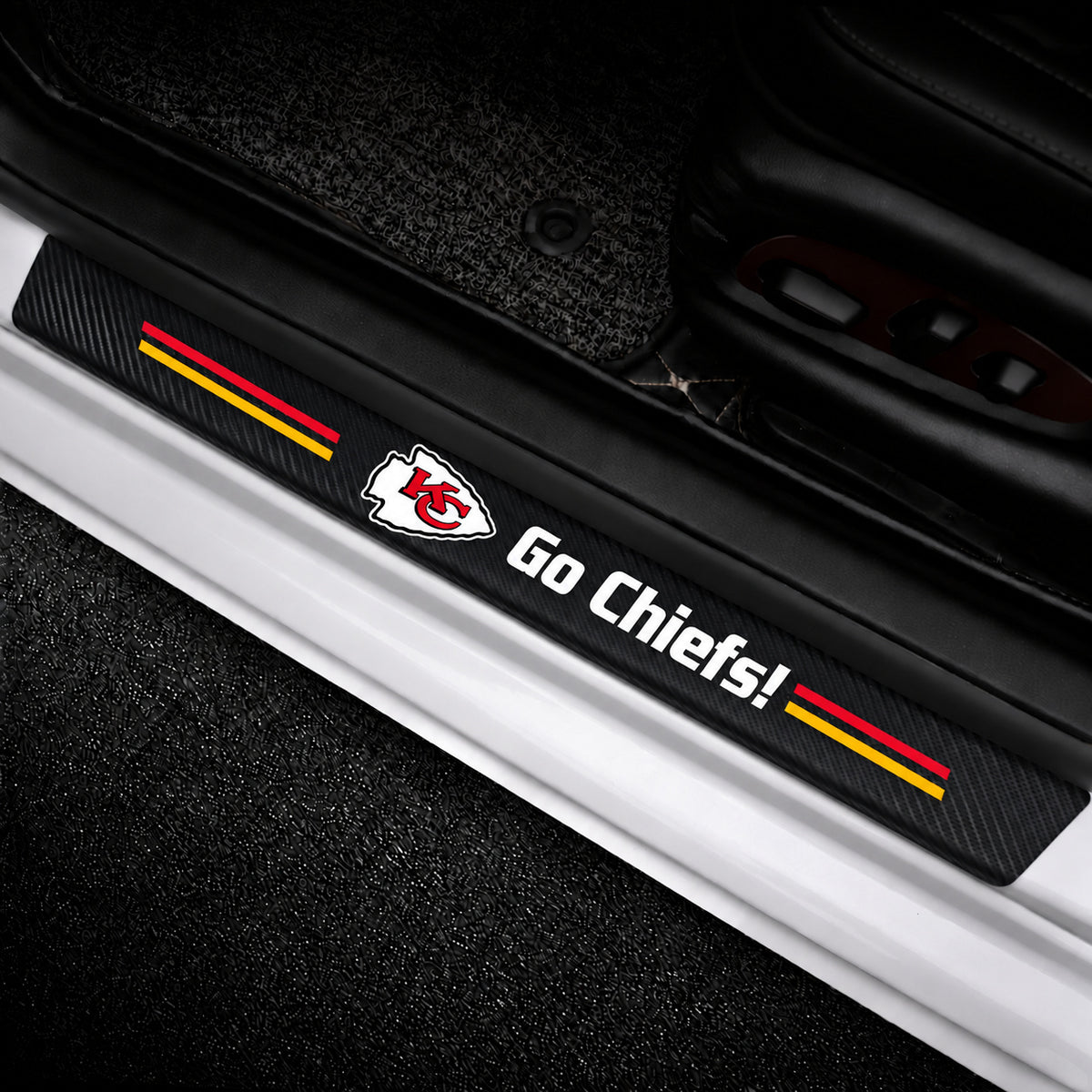 Kansas City Chiefs car door sill protector strips — vehicle installation view