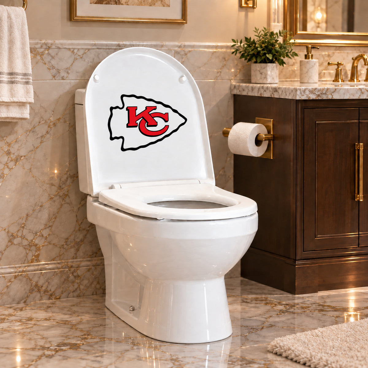 Kansas City Chiefs decorative sticker on the inside of a white toilet lid in a marble bathroom