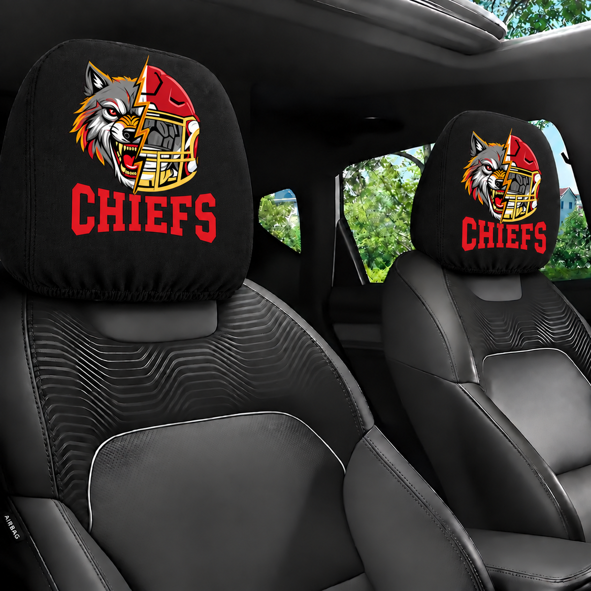 Kansas City Chiefs car headrest cover, Style 2 illustrated mascot design, installed in car