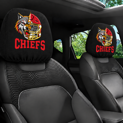 Kansas City Chiefs car headrest cover, Style 2 illustrated mascot design, installed in car