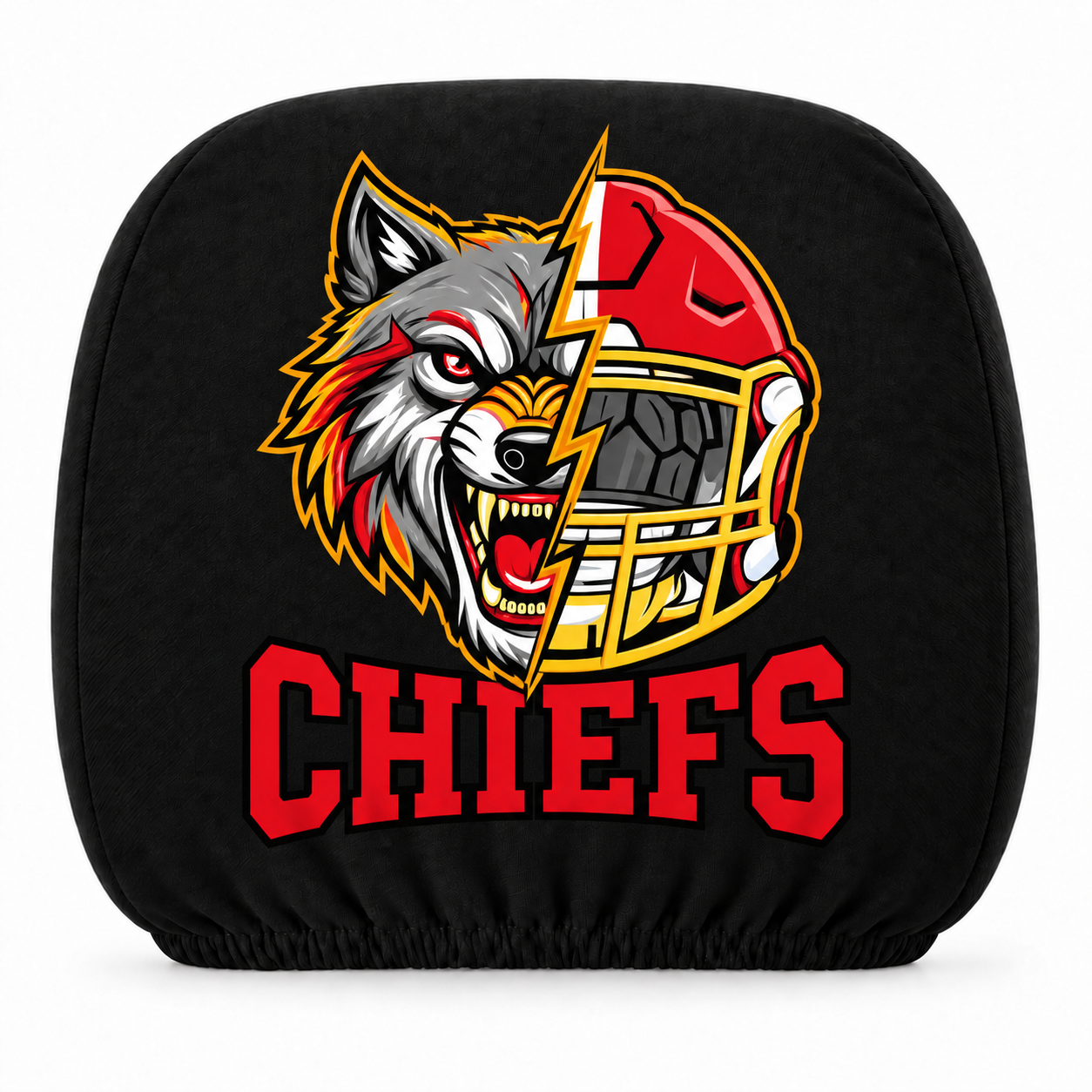 Kansas City Chiefs car headrest cover, Style 2 illustrated mascot design, white background